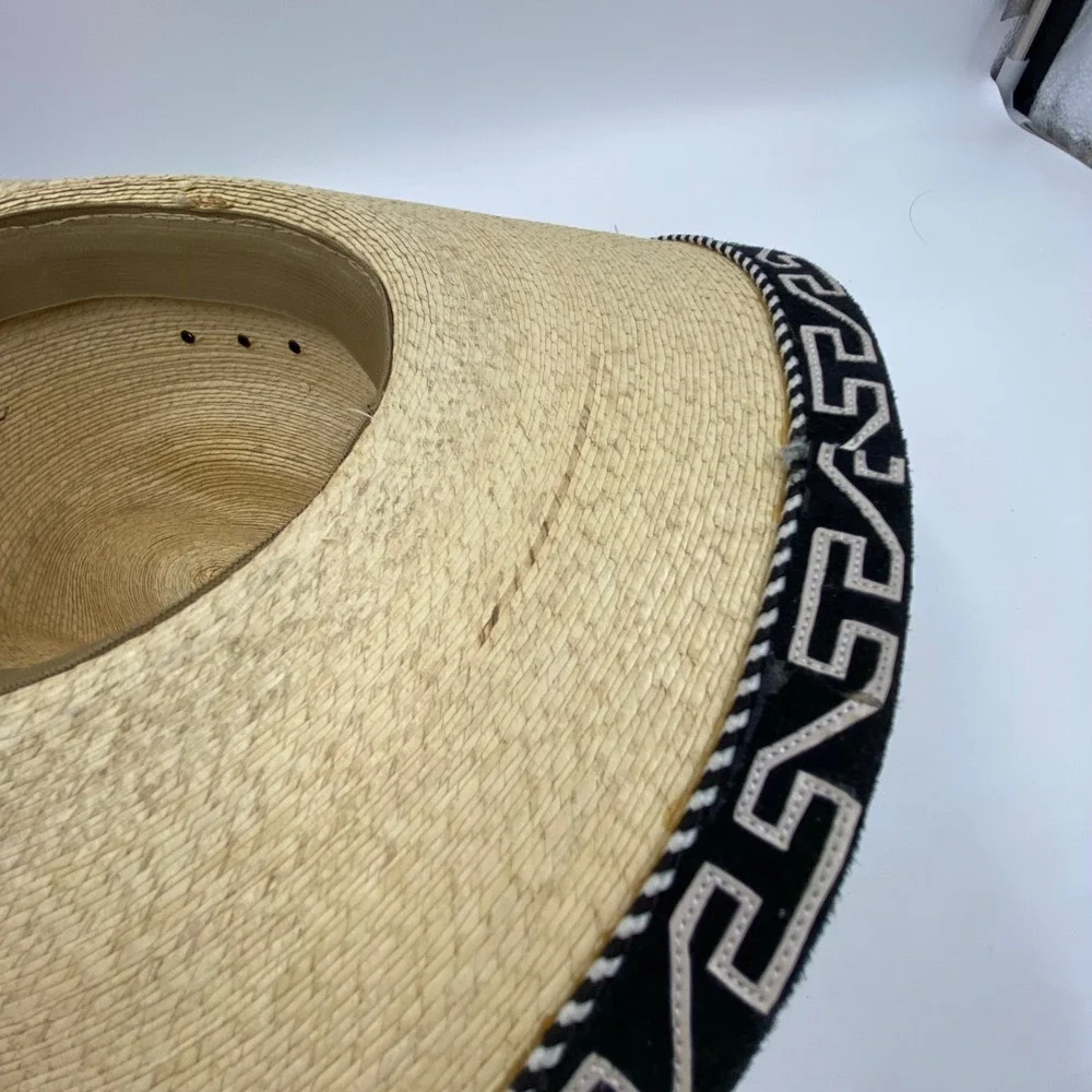 Large Straw Cowboy Hat Beige Black Greek Key Trim Western Rodeo Festival Charro